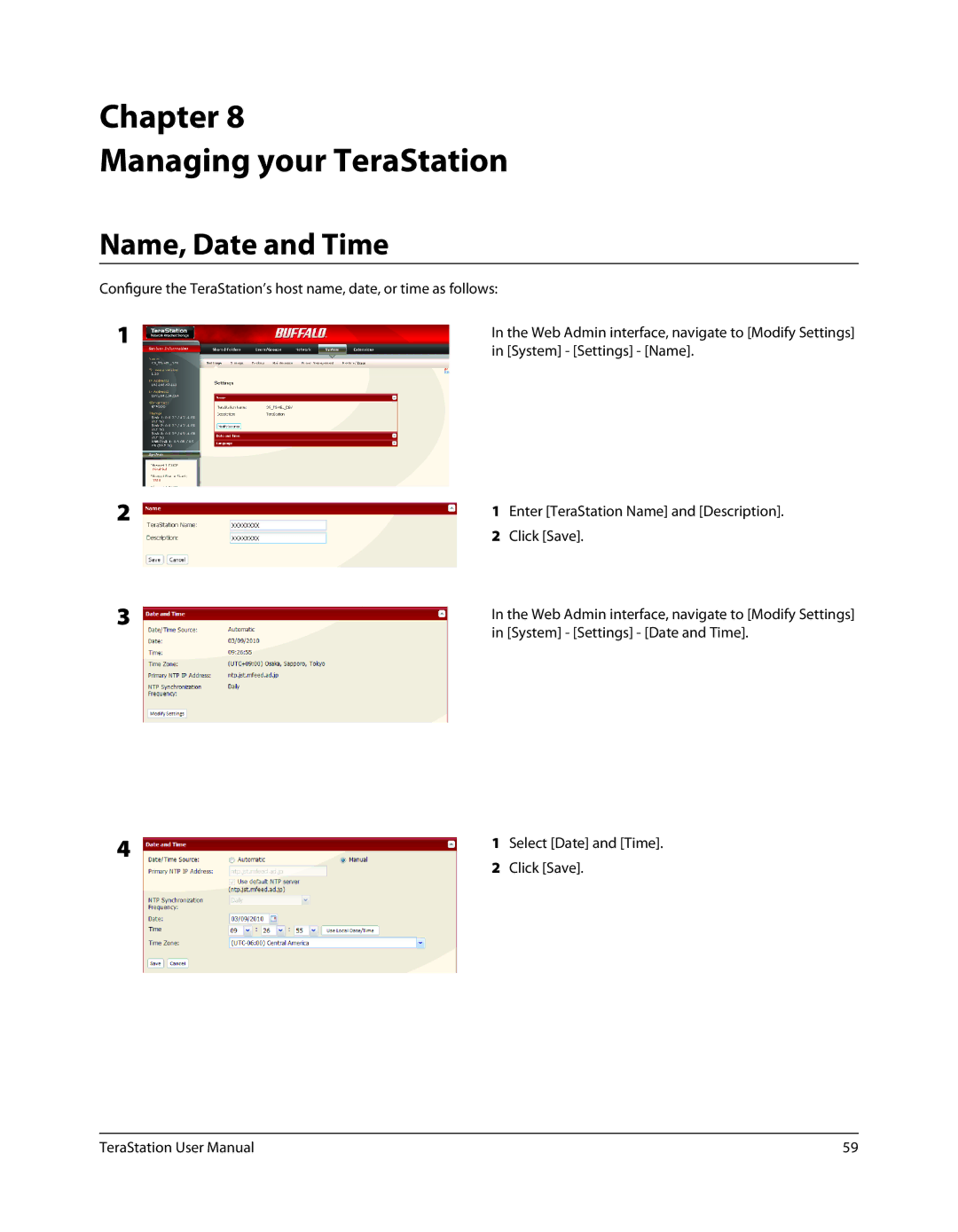 Buffalo Technology TSXE80TLR5, TS-RXL user manual Chapter Managing your TeraStation, Name, Date and Time 