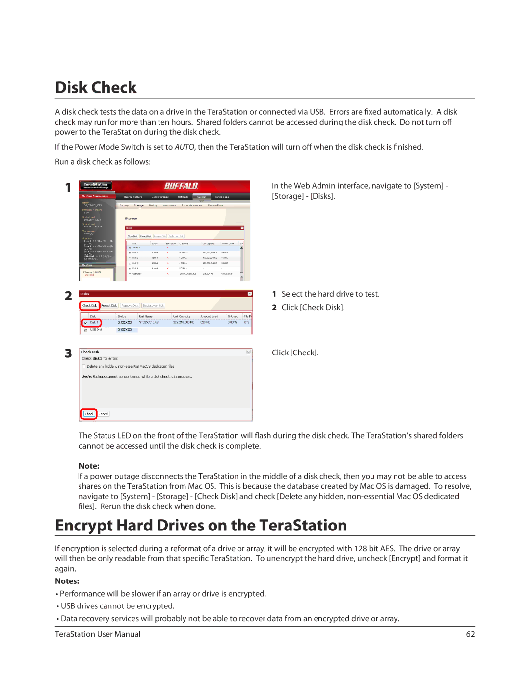 Buffalo Technology TS-RXL, TSXE80TLR5 user manual Disk Check, Encrypt Hard Drives on the TeraStation 