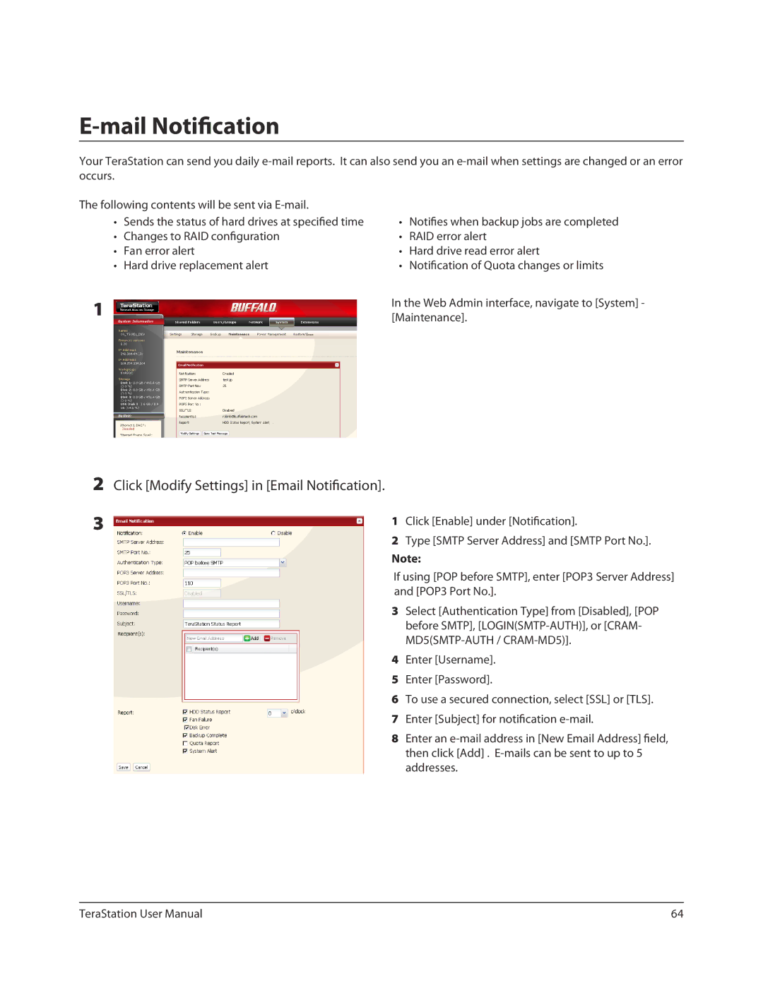 Buffalo Technology TS-RXL, TSXE80TLR5 user manual Mail Notification, Maintenance, Notifies when backup jobs are completed 