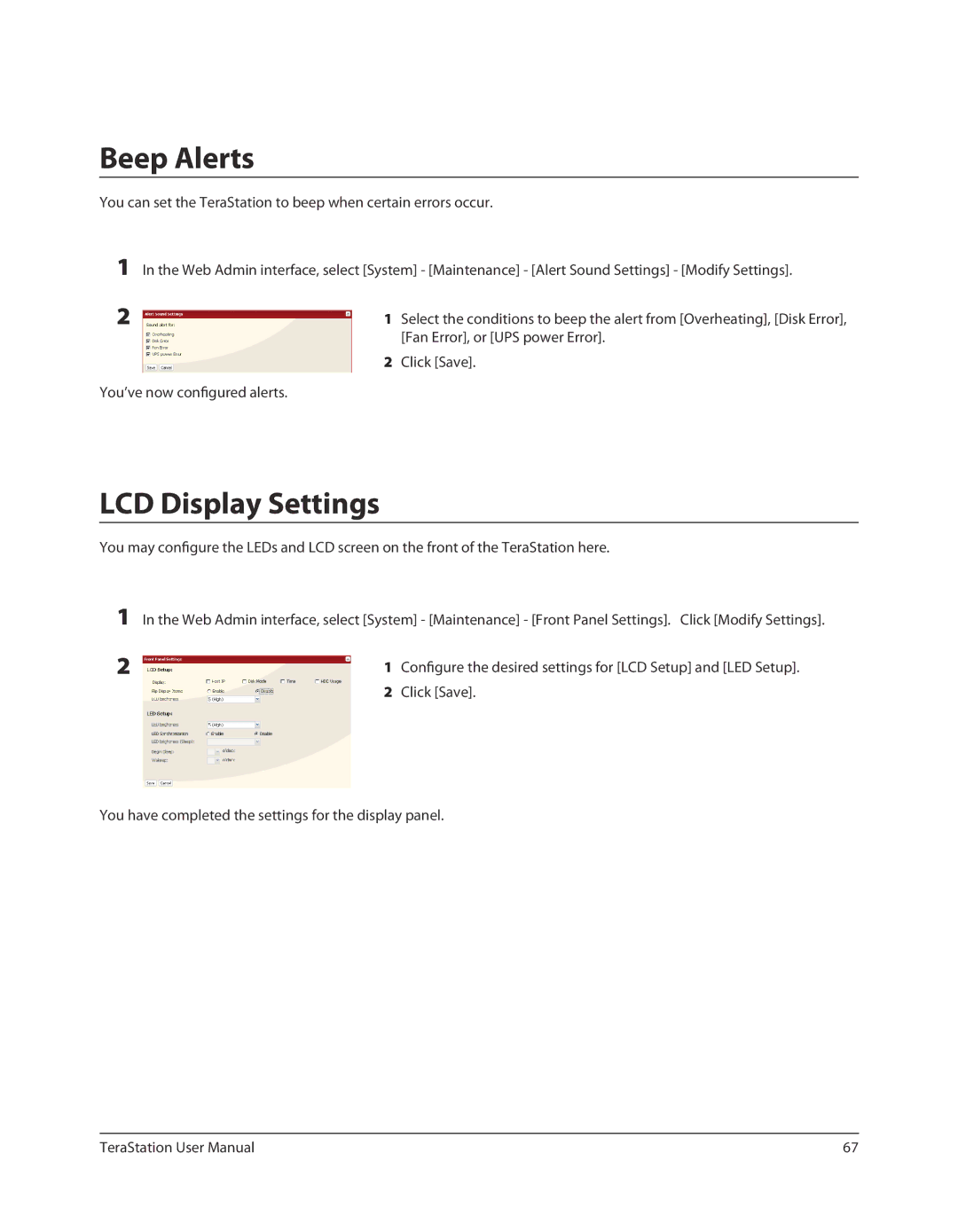 Buffalo Technology TSXE80TLR5, TS-RXL user manual Beep Alerts, LCD Display Settings, Fan Error, or UPS power Error 