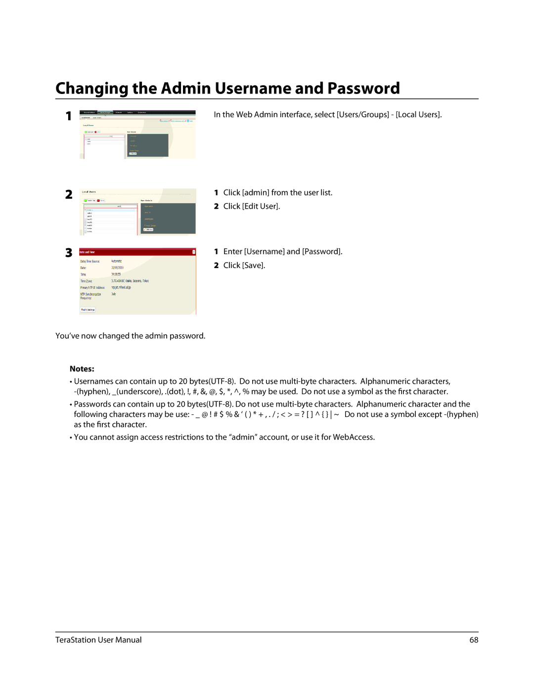 Buffalo Technology TS-RXL, TSXE80TLR5 user manual Changing the Admin Username and Password 