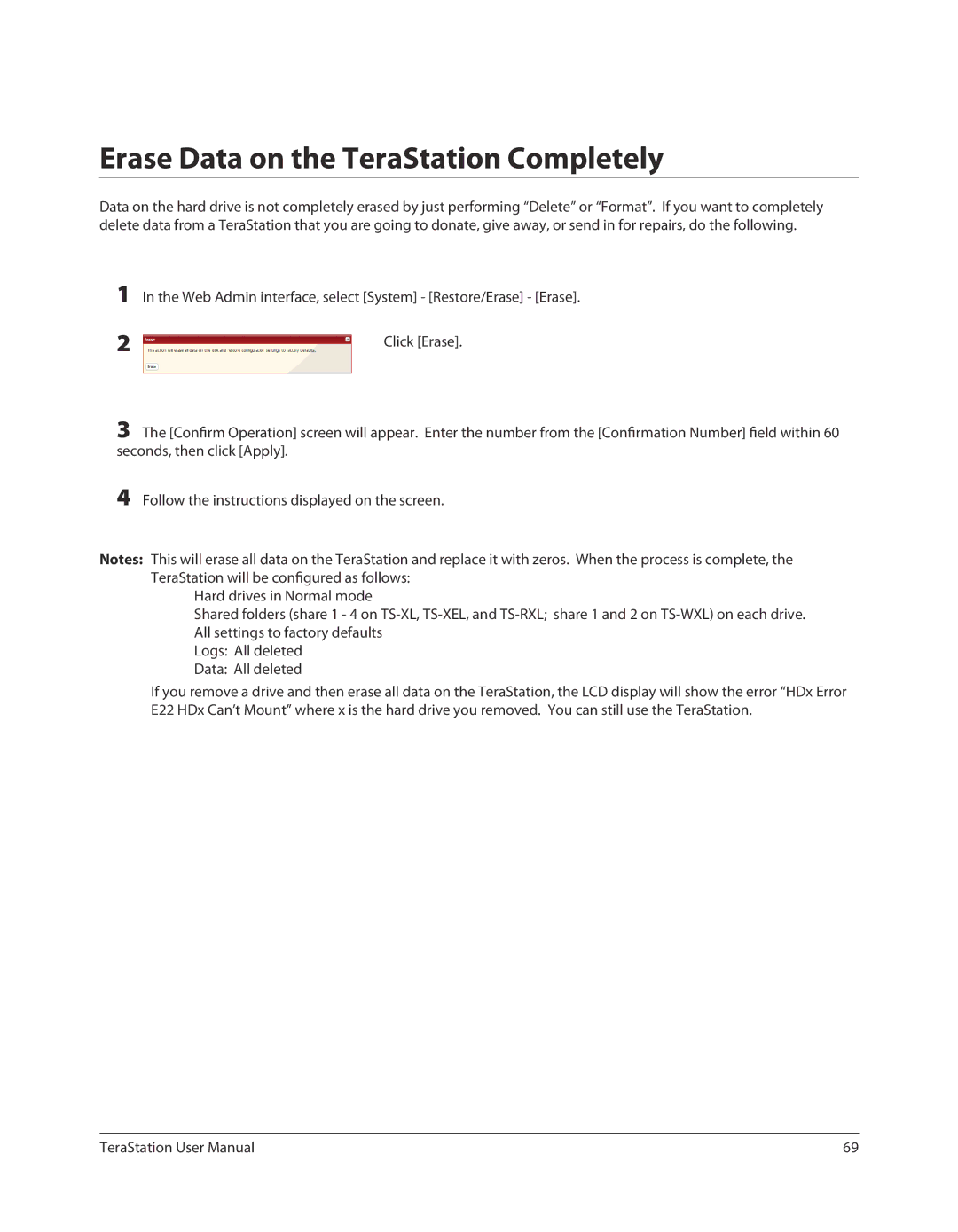 Buffalo Technology TSXE80TLR5, TS-RXL user manual Erase Data on the TeraStation Completely 