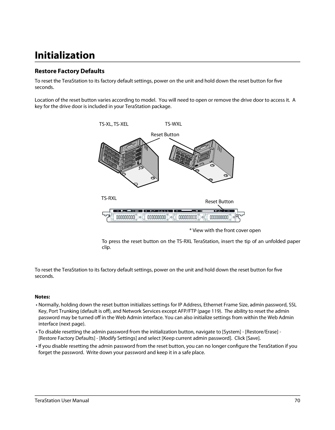 Buffalo Technology TS-RXL, TSXE80TLR5 user manual Initialization, Restore Factory Defaults, Reset Button 