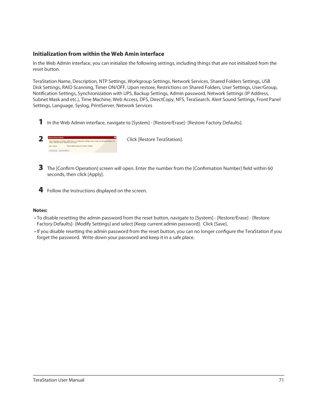 Buffalo Technology TSXE80TLR5, TS-RXL user manual Initialization from within the Web Amin interface 