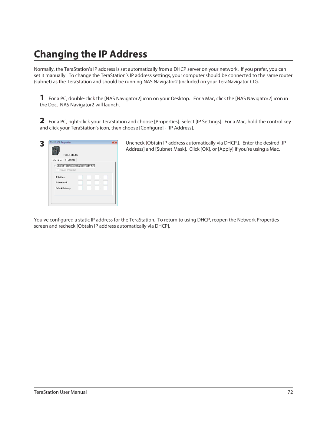 Buffalo Technology TS-RXL, TSXE80TLR5 user manual Changing the IP Address 