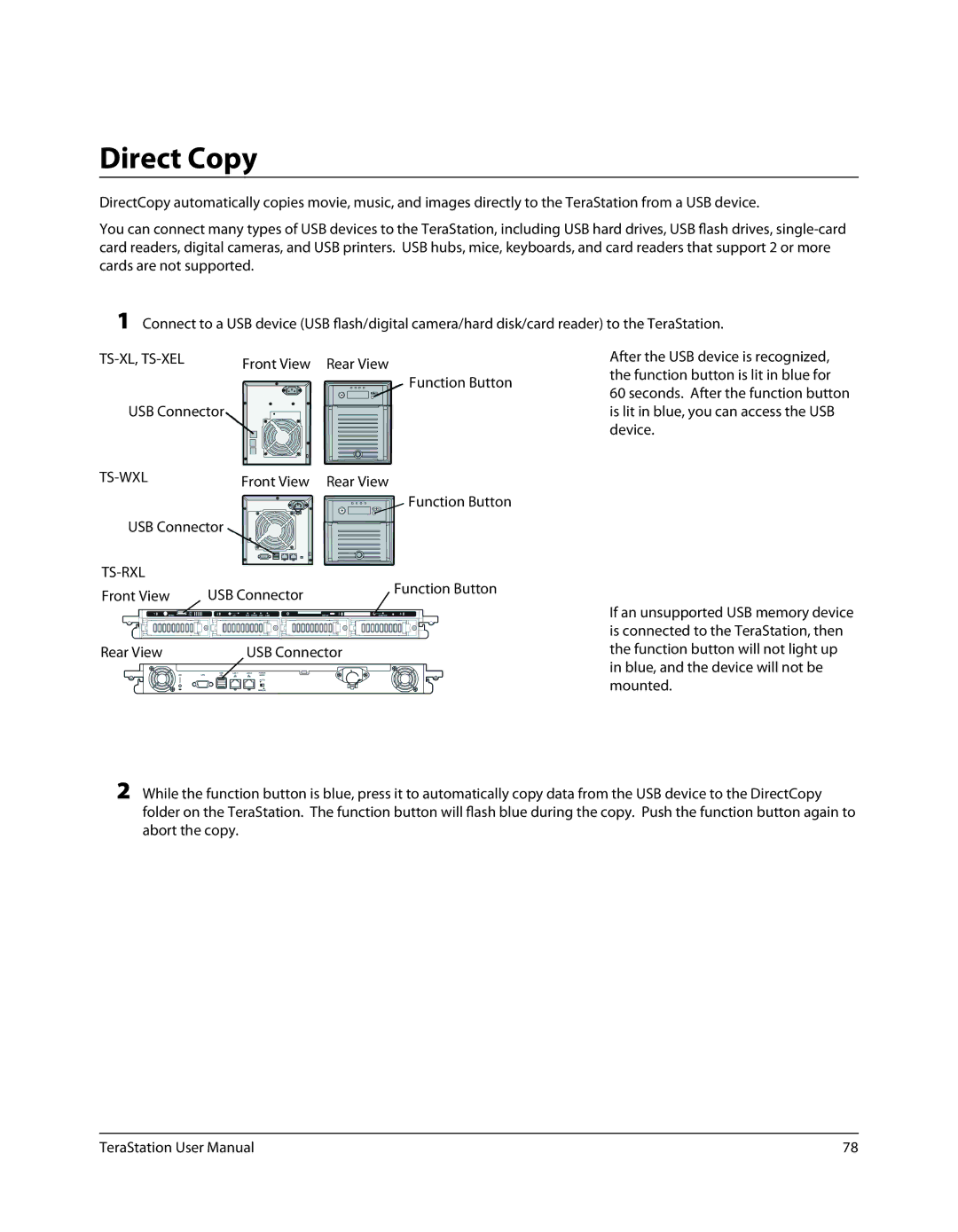 Buffalo Technology TS-RXL, TSXE80TLR5 user manual Direct Copy, Front View Rear View, Function Button USB Connector 