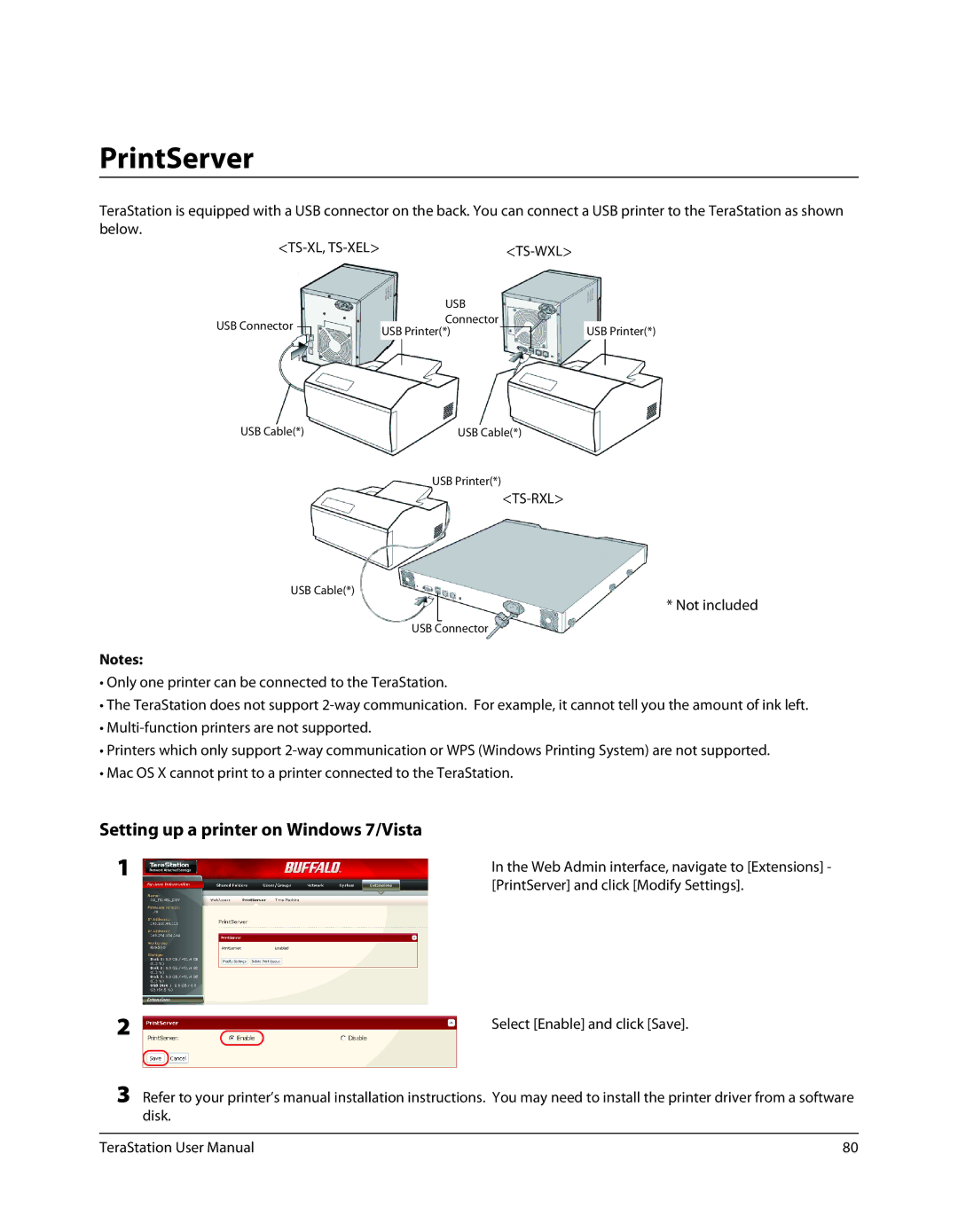 Buffalo Technology TS-RXL, TSXE80TLR5 user manual PrintServer, Setting up a printer on Windows 7/Vista, Not included 