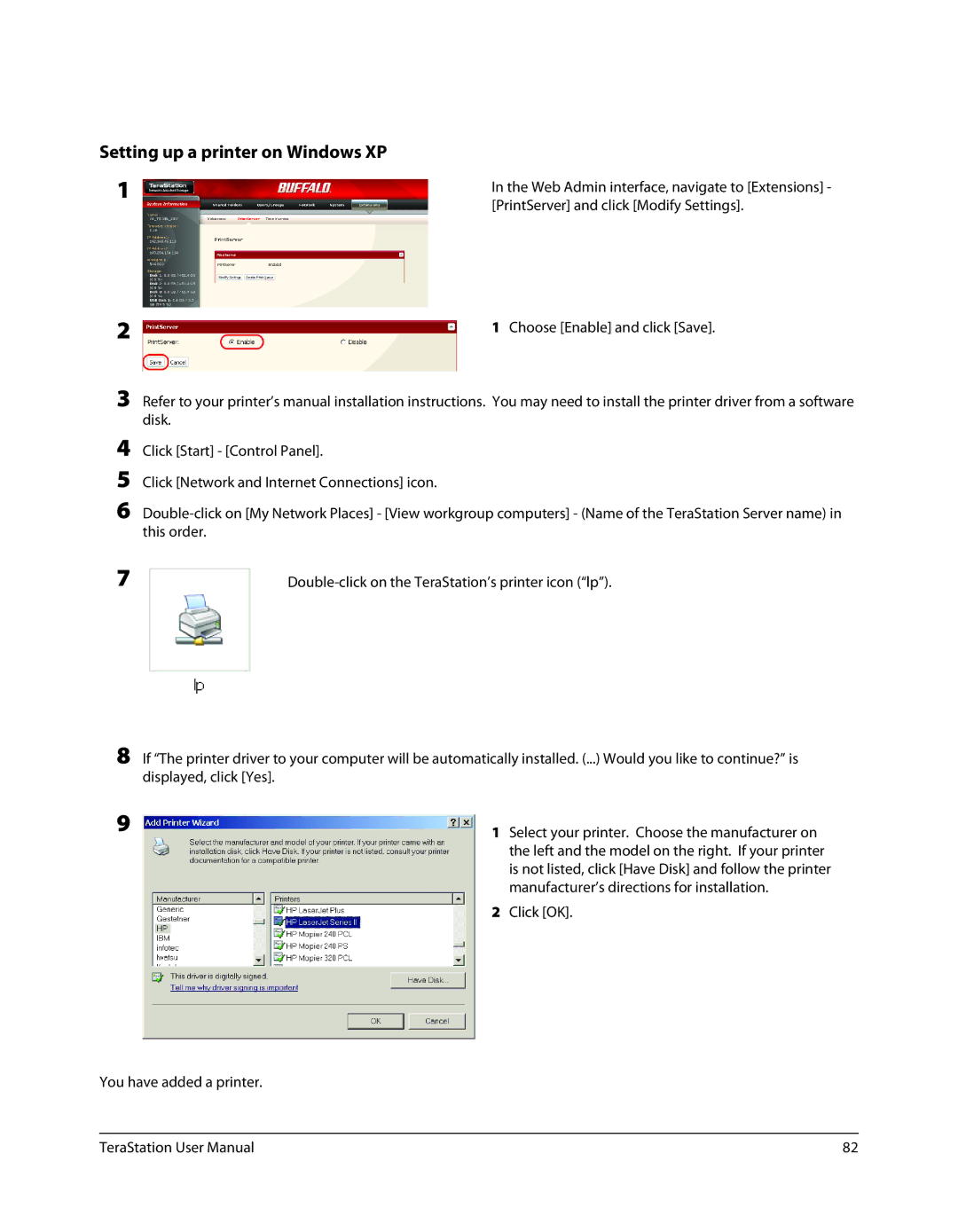 Buffalo Technology TS-RXL, TSXE80TLR5 Setting up a printer on Windows XP, Manufacturer’s directions for installation 