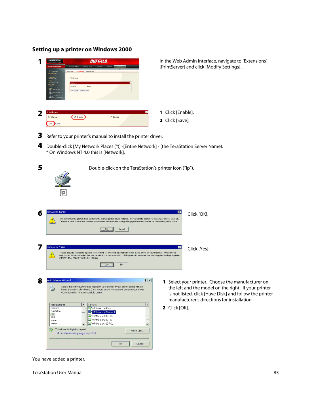 Buffalo Technology TSXE80TLR5, TS-RXL user manual Setting up a printer on Windows 