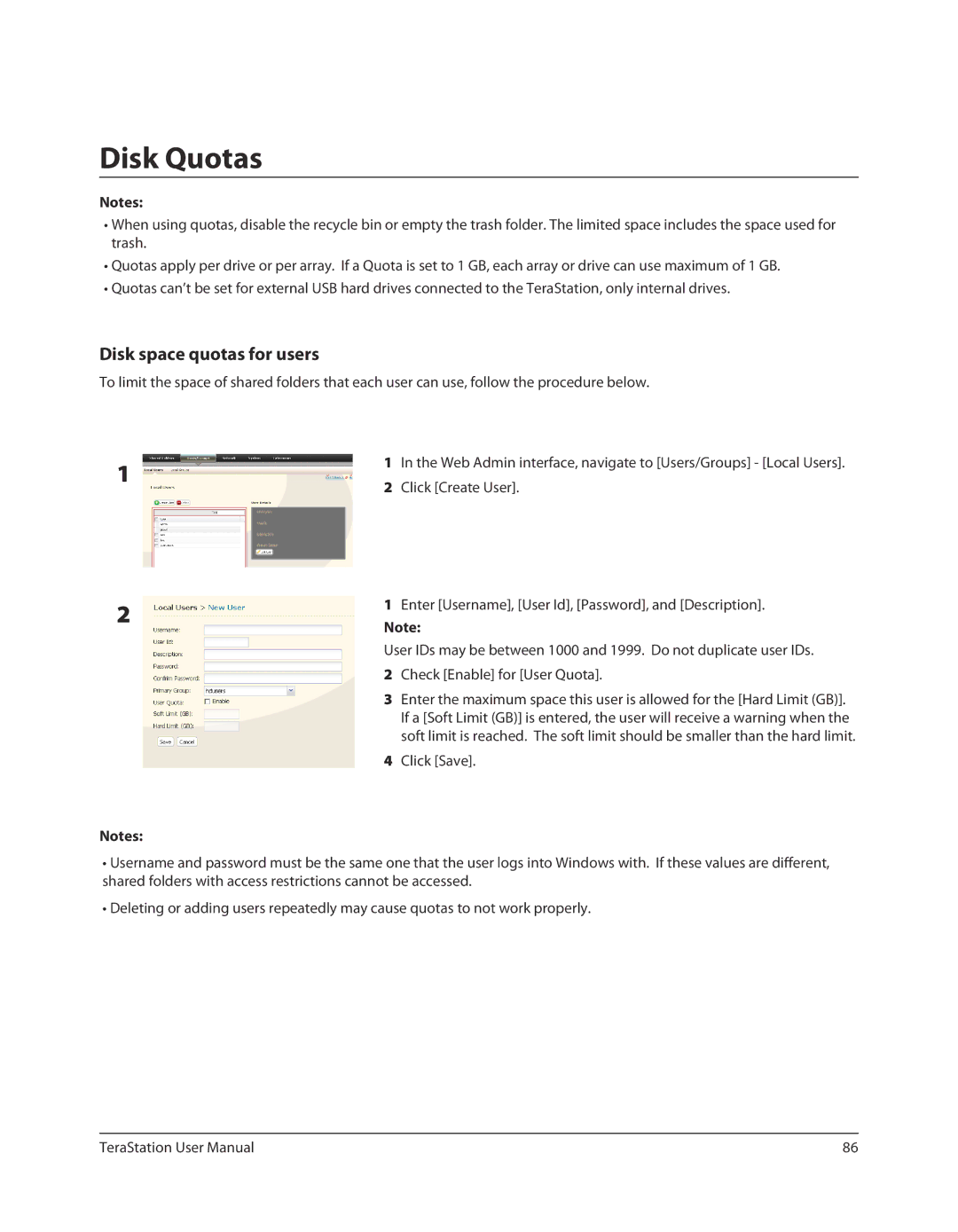 Buffalo Technology TS-RXL, TSXE80TLR5 user manual Disk Quotas, Disk space quotas for users 