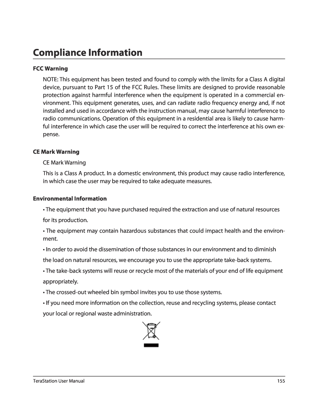 Buffalo Technology TSXE80TLR5, TS-RXL Compliance Information, FCC Warning, CE Mark Warning, Environmental Information 
