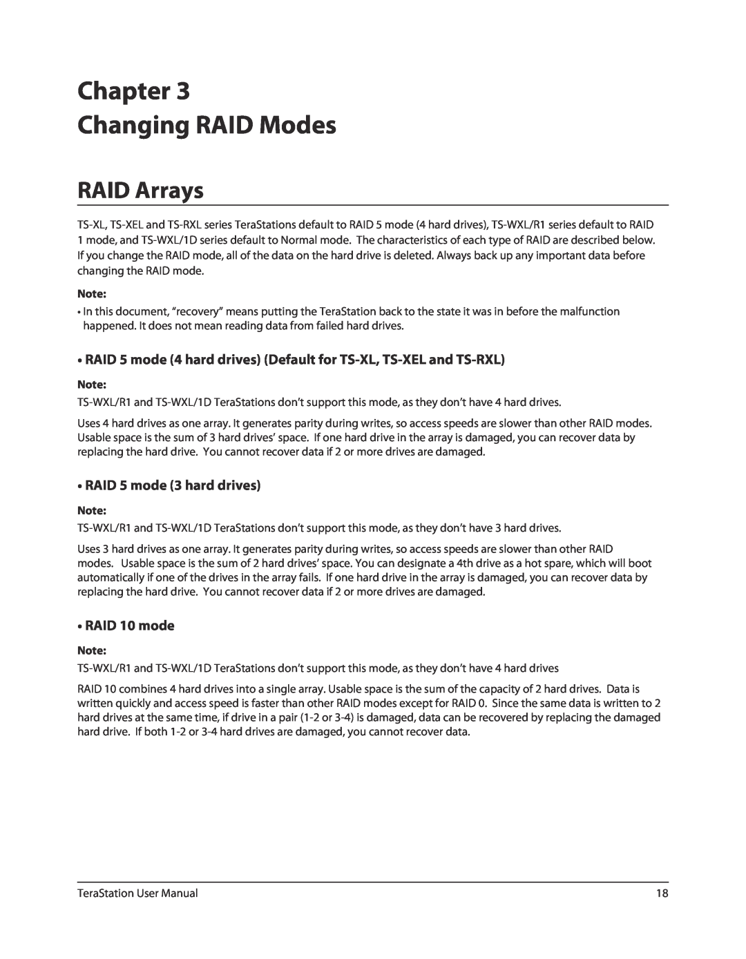 Buffalo Technology TS-RXL, TSXE80TLR5 Chapter Changing RAID Modes, RAID Arrays, RAID 5 mode 3 hard drives, RAID 10 mode 