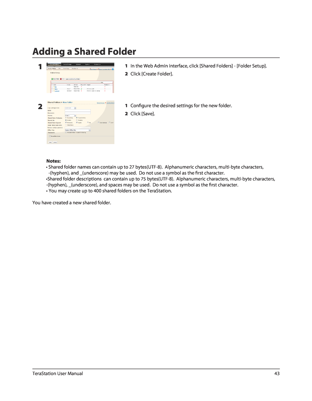 Buffalo Technology TSXE80TLR5, TS-RXL user manual Adding a Shared Folder, Click Create Folder, Click Save 