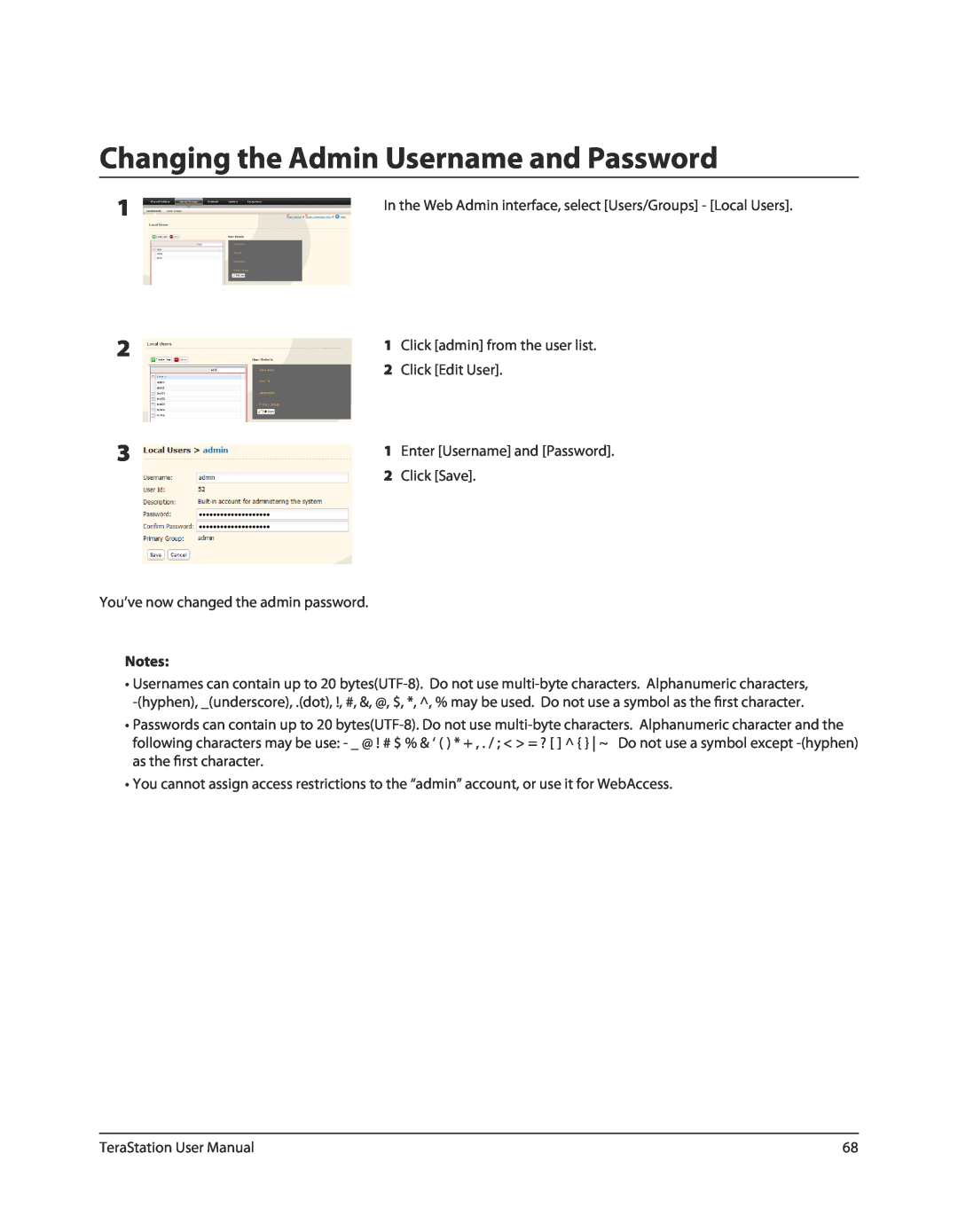 Buffalo Technology TS-RXL, TSXE80TLR5 user manual Changing the Admin Username and Password 