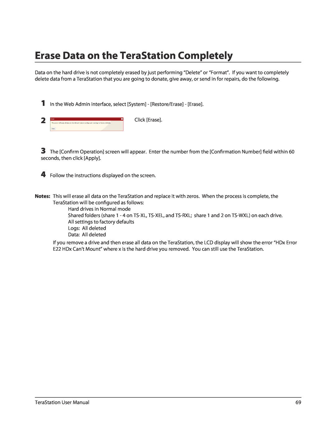 Buffalo Technology TSXE80TLR5, TS-RXL user manual Erase Data on the TeraStation Completely 
