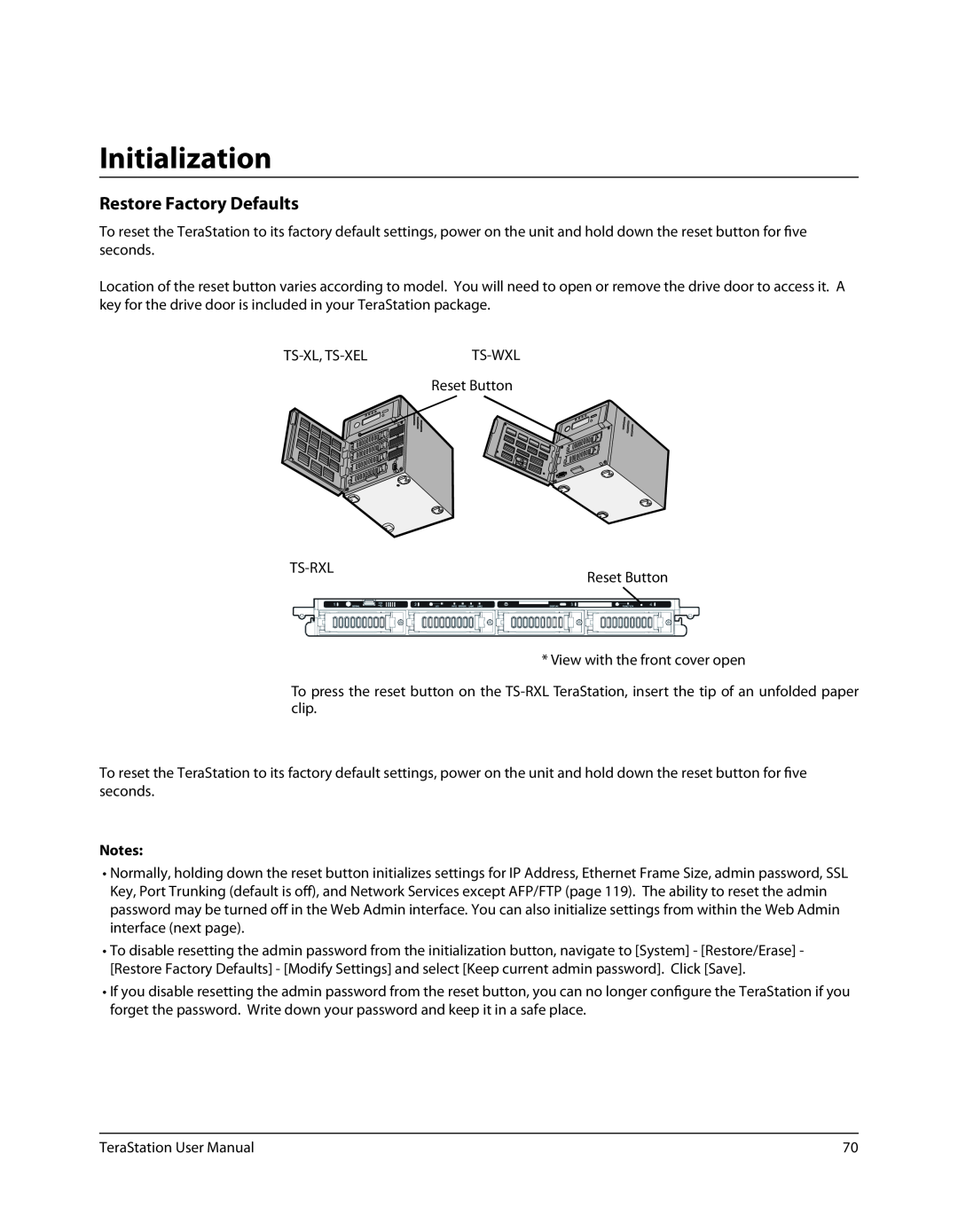 Buffalo Technology TS-RXL, TSXE80TLR5 user manual Initialization, Restore Factory Defaults 