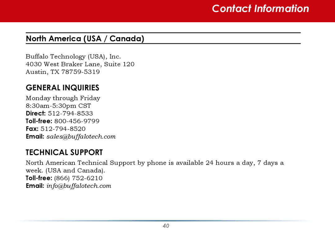 Buffalo Technology User Manual user manual Contact Information, General Inquiries 