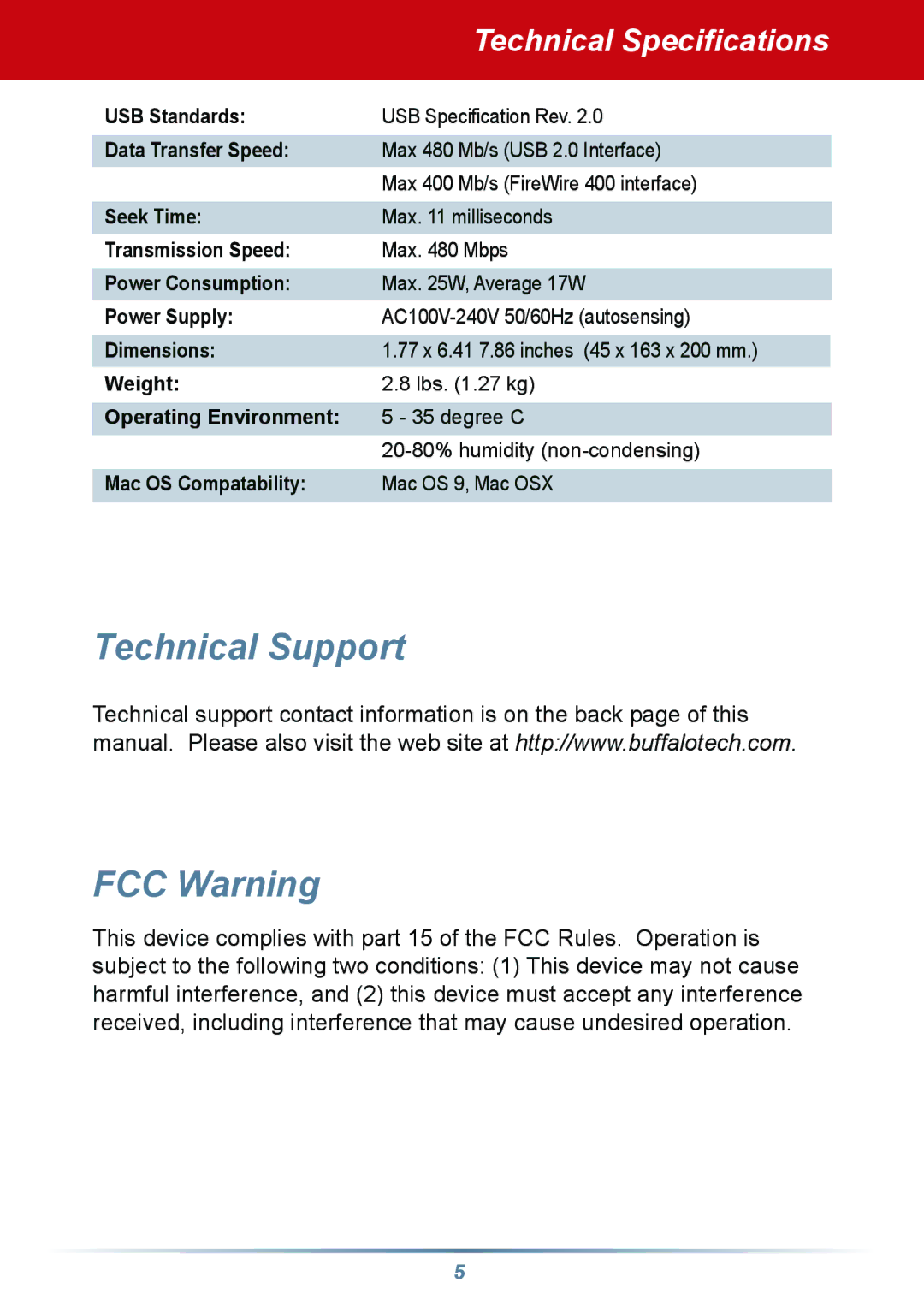 Buffalo Technology DriveStation Combo USB 2.0 and Firewire Hard Drive, v1.1 manual Technical Support FCC Warning 