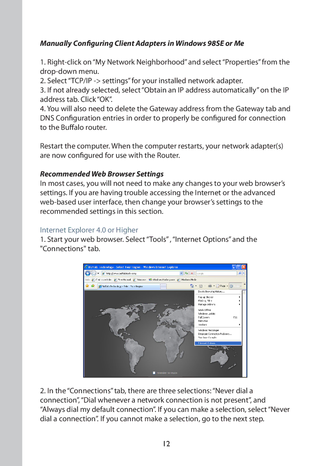 Buffalo Technology WBMR-G125 Manually Configuring Client Adapters in Windows 98SE or Me, Recommended Web Browser Settings 