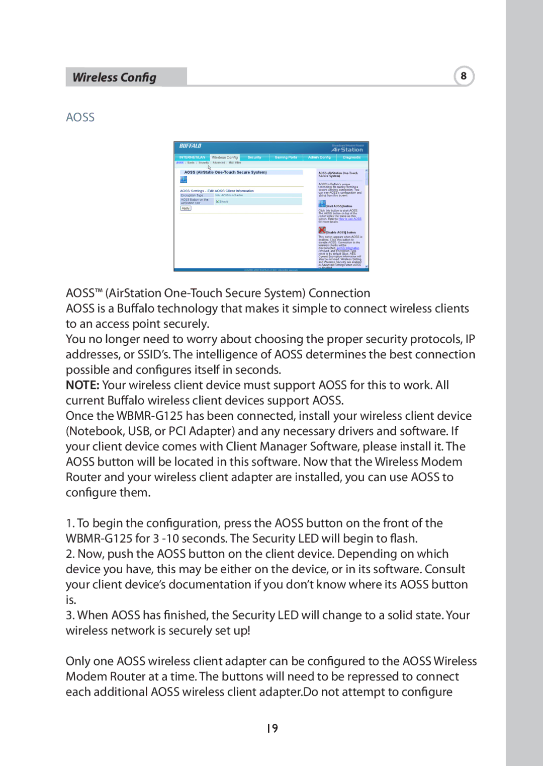 Buffalo Technology WBMR-G125 manual Wireless Config, Aoss 