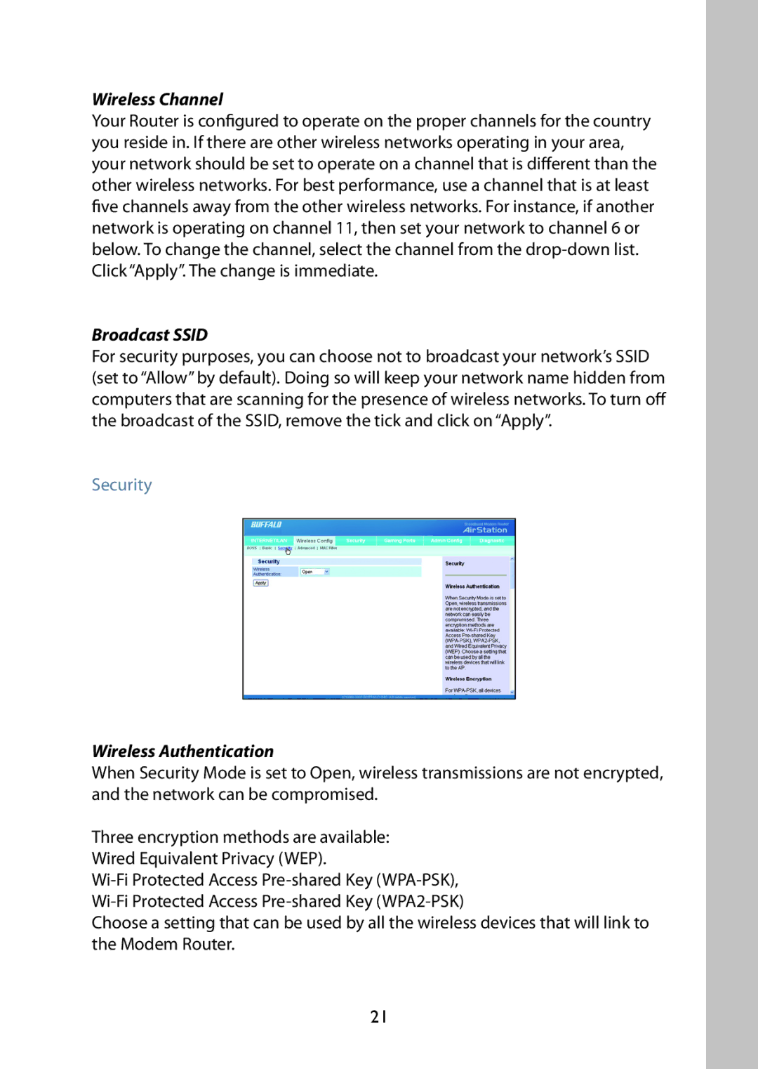 Buffalo Technology WBMR-G125 manual Wireless Channel, Broadcast Ssid, Security, Wireless Authentication 