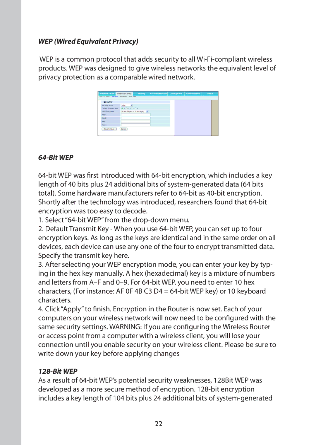Buffalo Technology WBMR-G125 manual WEP Wired Equivalent Privacy, Bit WEP 