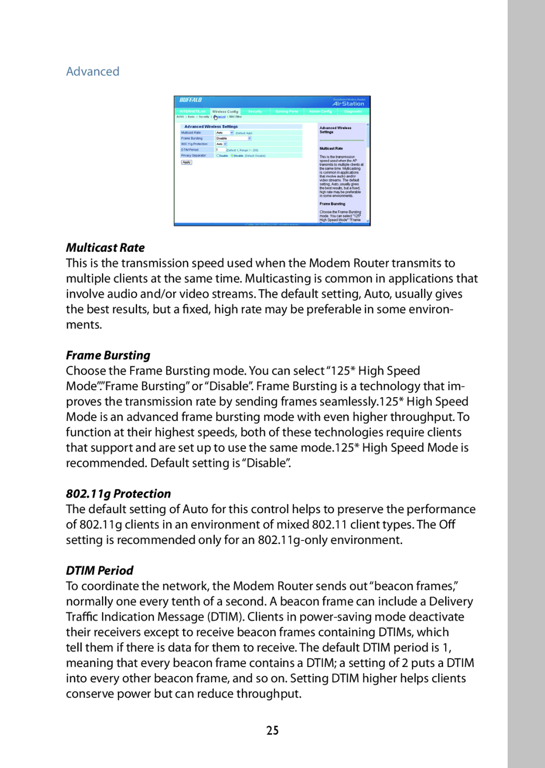 Buffalo Technology WBMR-G125 manual Advanced, Multicast Rate, Frame Bursting, 802.11g Protection, Dtim Period 