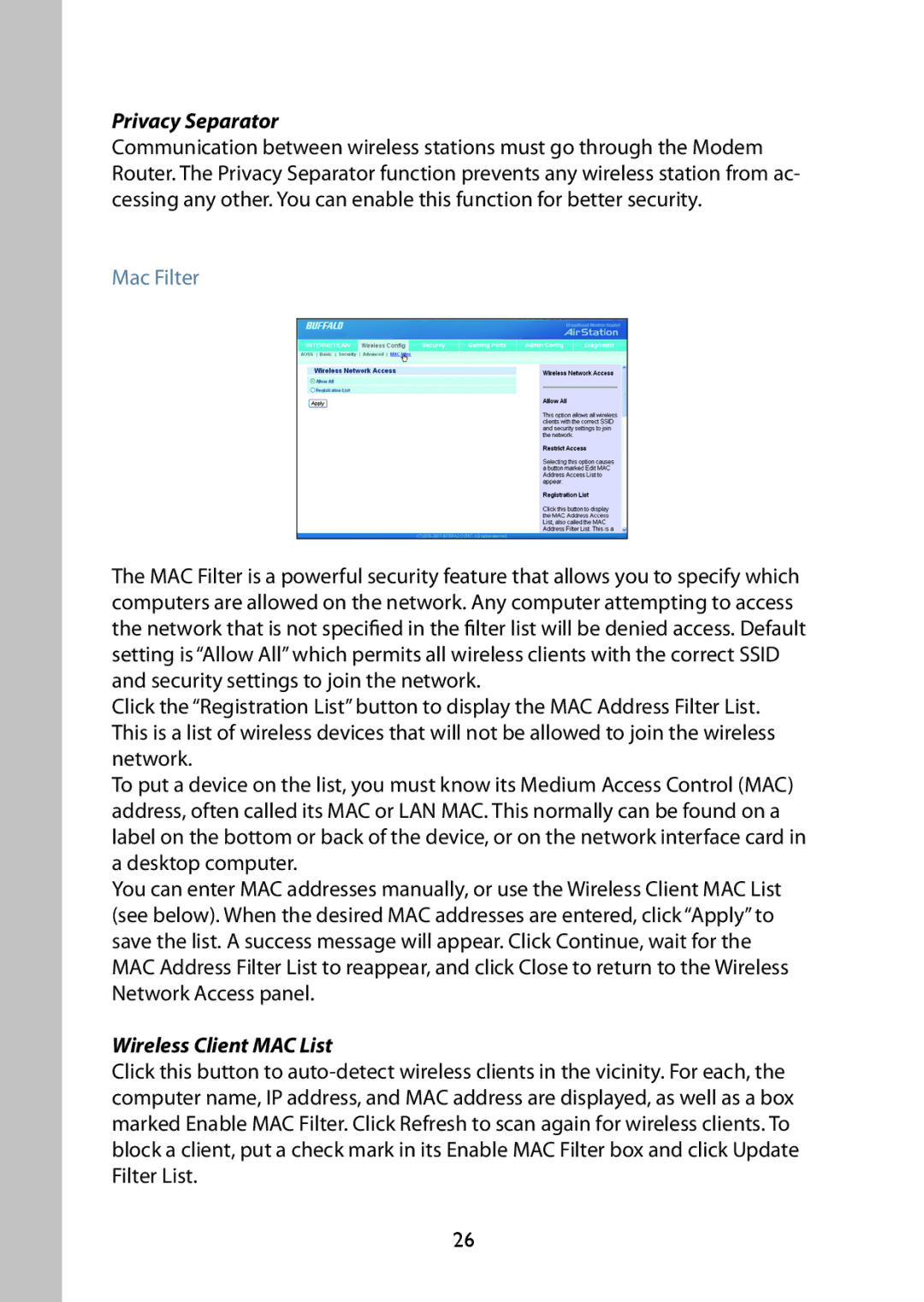 Buffalo Technology WBMR-G125 manual Privacy Separator, Mac Filter, Wireless Client MAC List 
