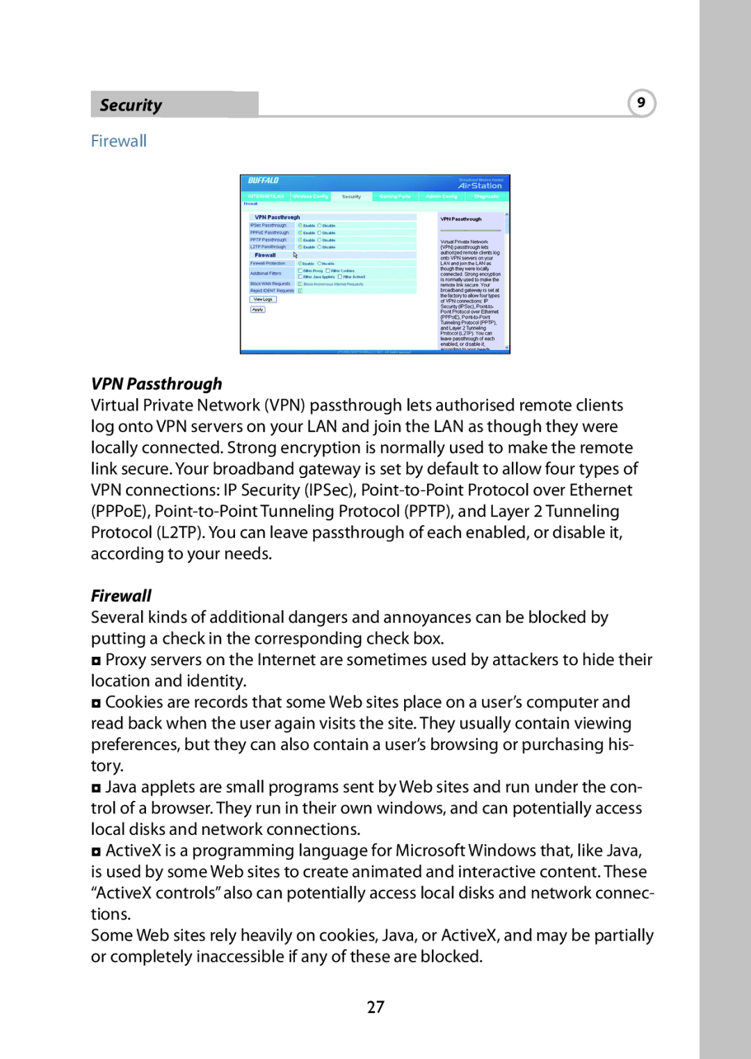 Buffalo Technology WBMR-G125 manual Security, Firewall, VPN Passthrough 