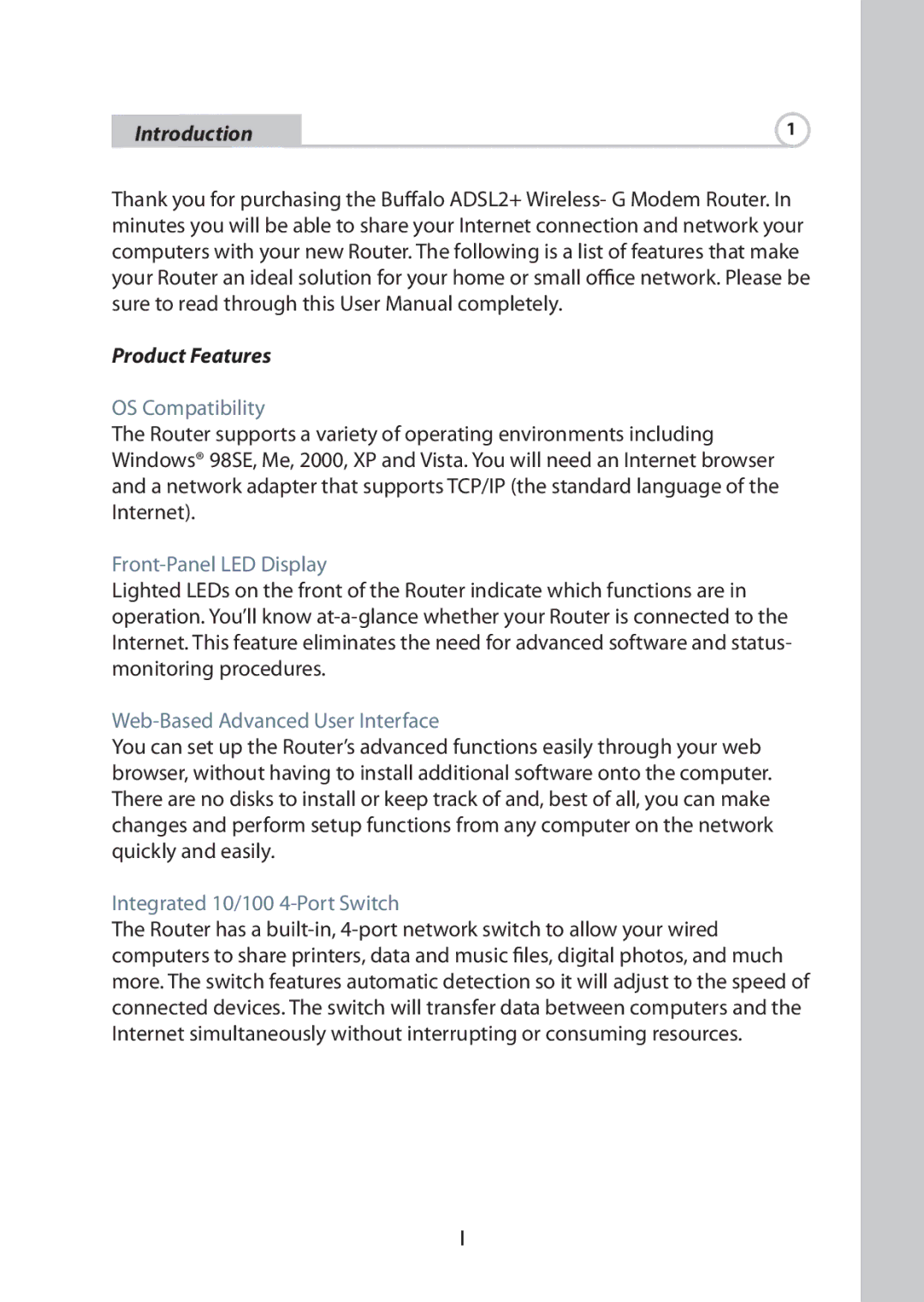 Buffalo Technology WBMR-G125 manual Introduction Product Features, OS Compatibility, Front-Panel LED Display 