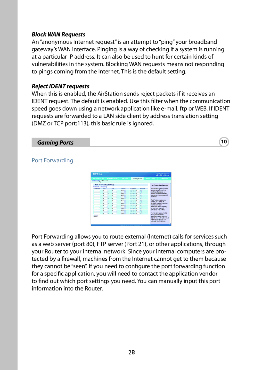 Buffalo Technology WBMR-G125 manual Block WAN Requests, Reject Ident requests, Gaming Ports, Port Forwarding 