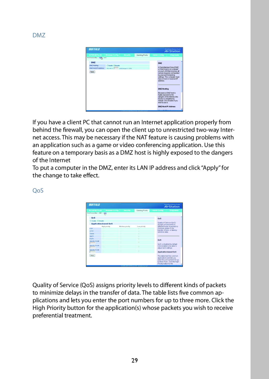 Buffalo Technology WBMR-G125 manual Dmz, QoS 