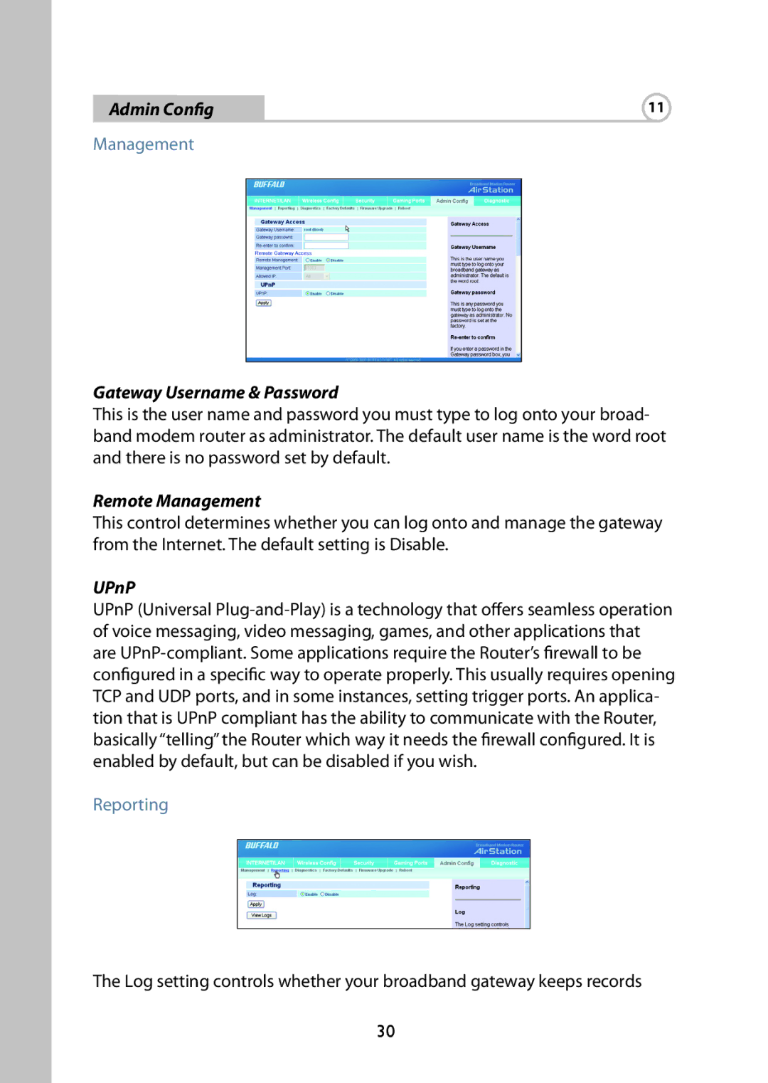 Buffalo Technology WBMR-G125 manual Admin Config, Gateway Username & Password, Remote Management, UPnP 