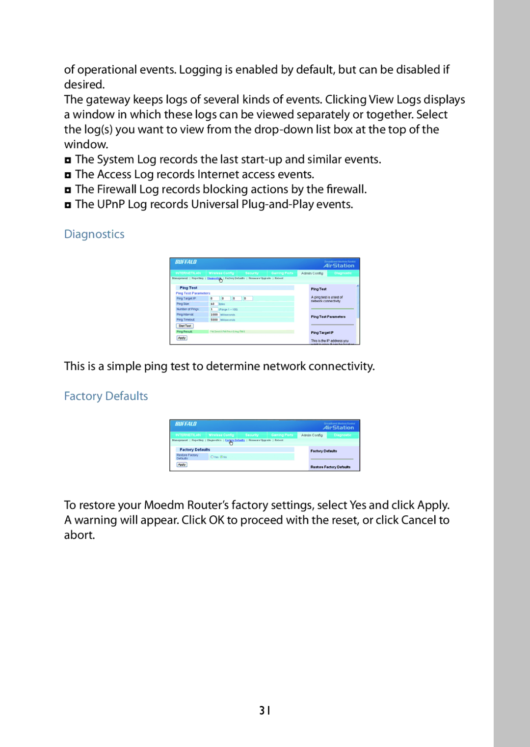 Buffalo Technology WBMR-G125 manual Diagnostics, Factory Defaults 