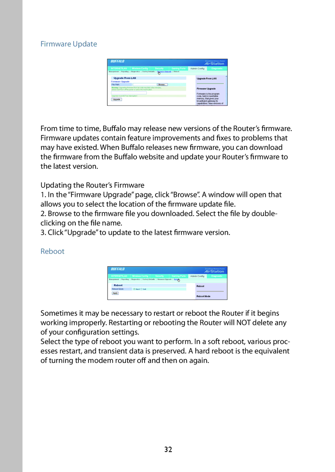 Buffalo Technology WBMR-G125 manual Firmware Update, Reboot 