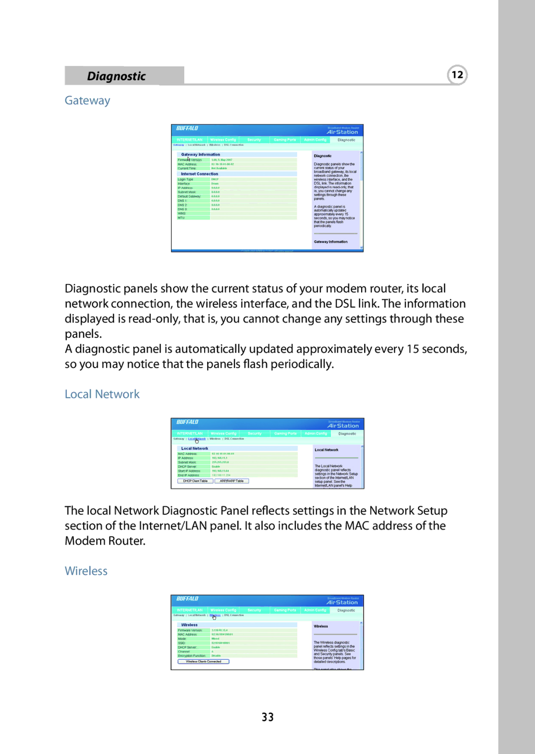 Buffalo Technology WBMR-G125 manual Diagnostic, Gateway, Local Network, Wireless 