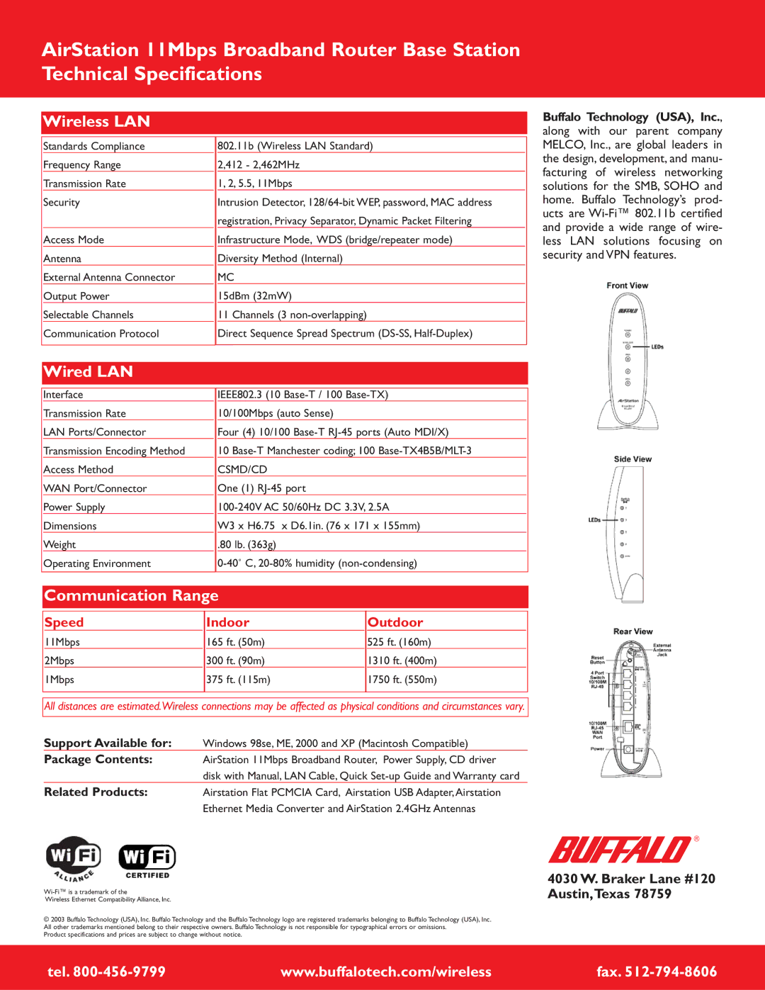 Buffalo Technology WBR-B11 warranty Wireless LAN, Wired LAN, Communication Range 