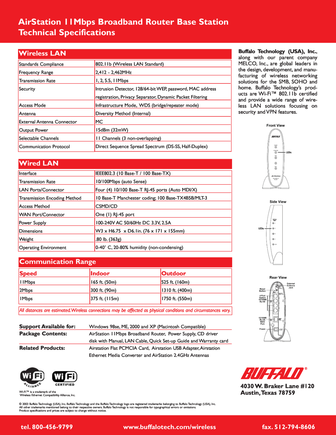 Buffalo Technology WBR-B11 warranty Wireless LAN, Wired LAN, Communication Range, tel, Speed, Indoor, Outdoor, fax 