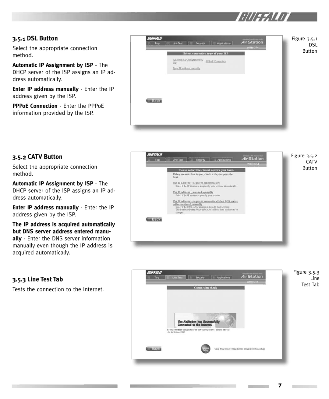 Buffalo Technology WBR-G54 manual DSL Button, Catv Button, Line Test Tab 