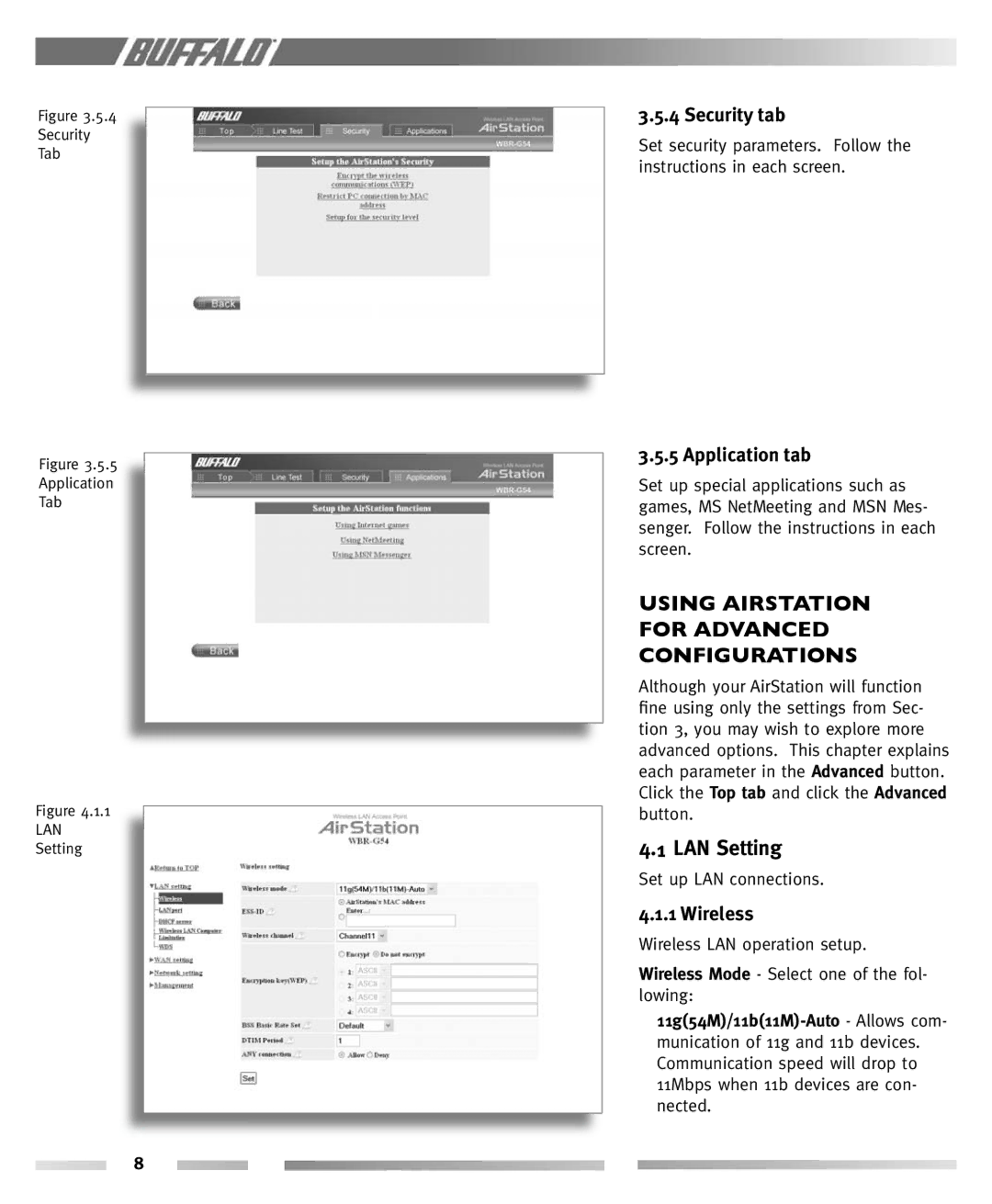 Buffalo Technology WBR-G54 manual Using Airstation For Advanced Configurations, LAN Setting, Security tab, Application tab 