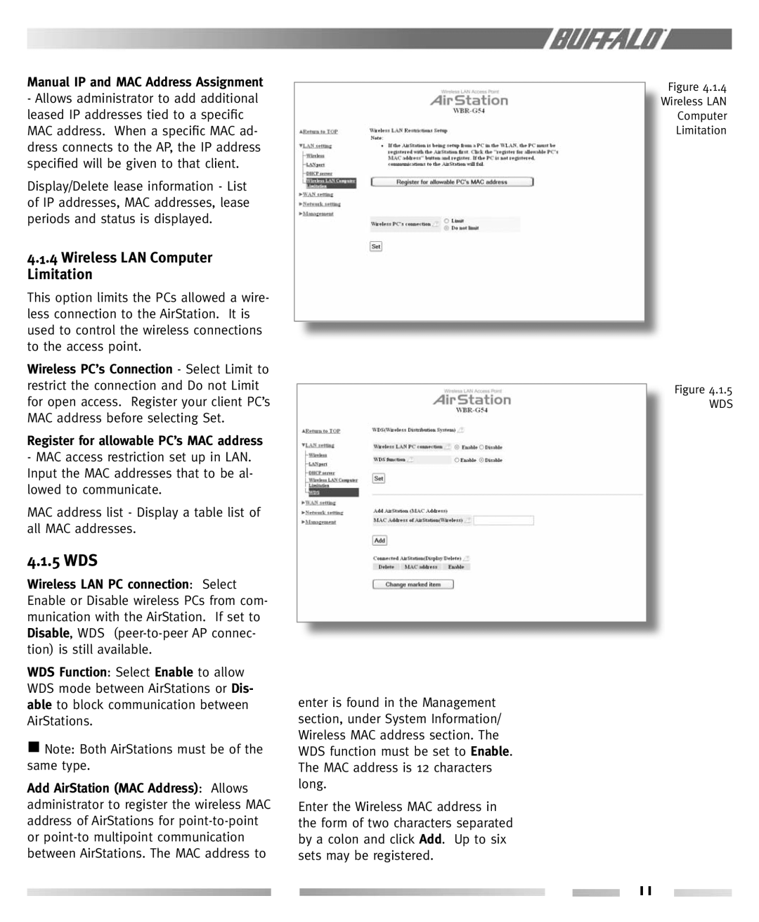 Buffalo Technology WBR-G54 manual 5 WDS, Wireless LAN Computer Limitation, Manual IP and MAC Address Assignment 