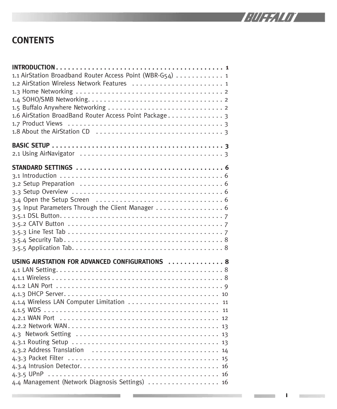 Buffalo Technology WBR-G54 manual Contents 