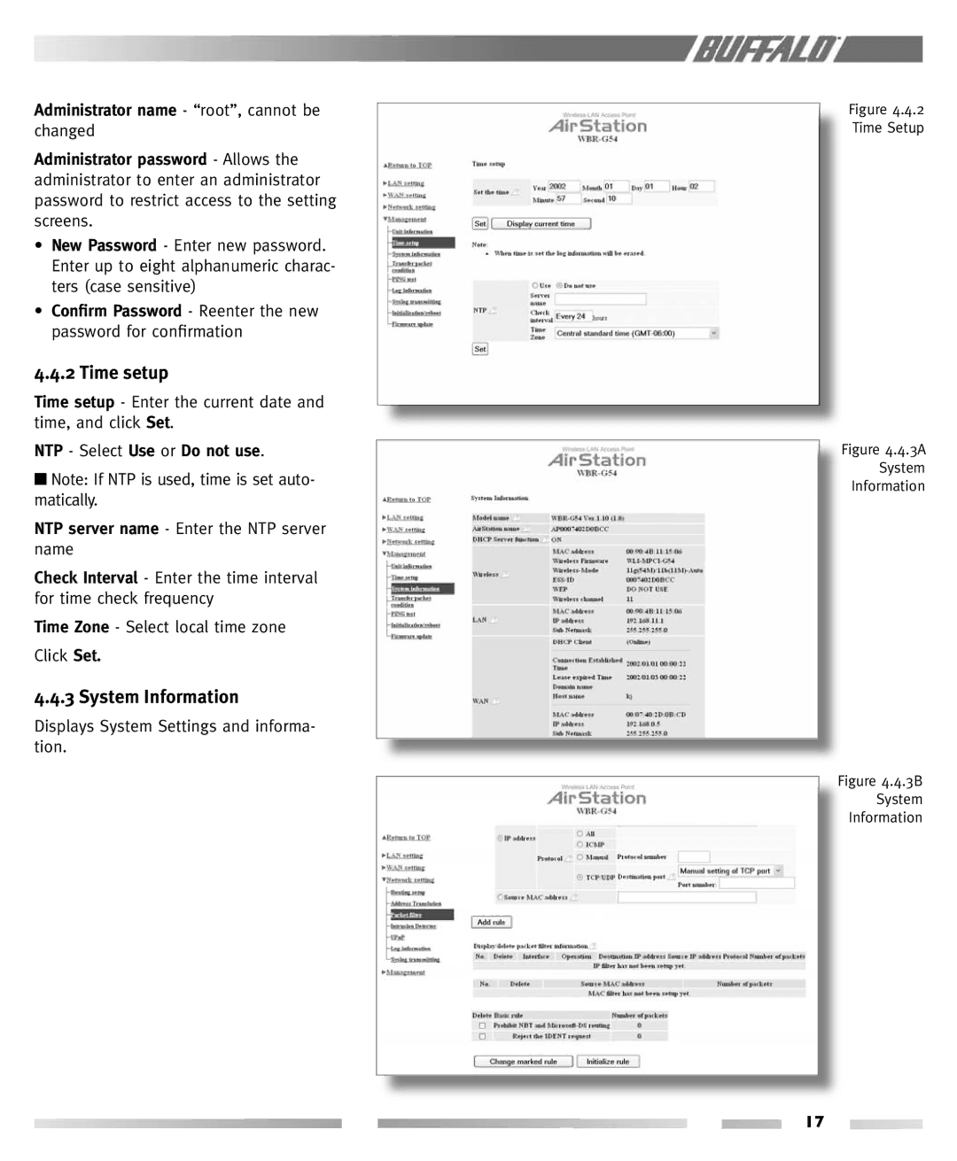 Buffalo Technology WBR-G54 manual Time setup, System Information, Administrator name root, cannot be 