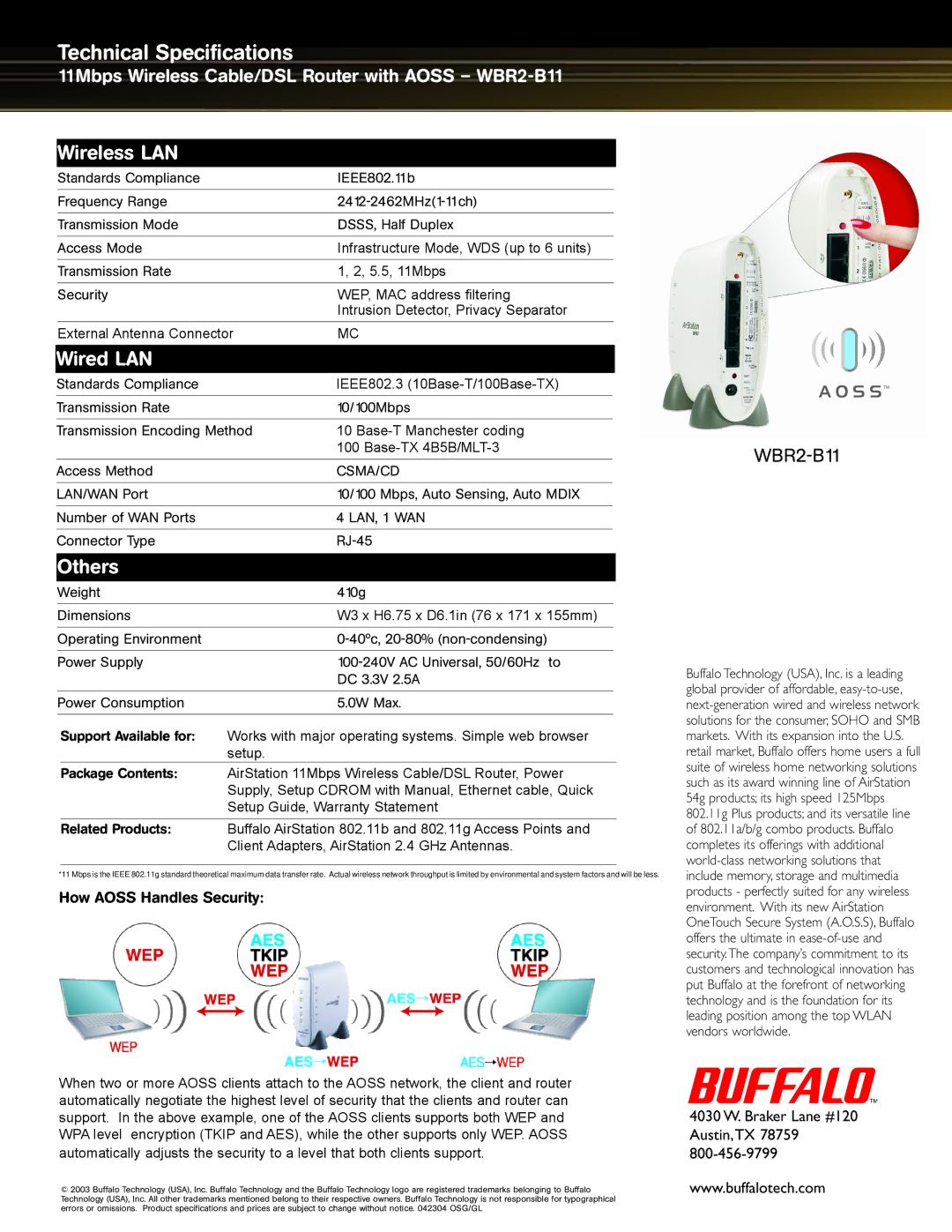 Buffalo Technology WBR2-B11 manual Technical Specifications, Wireless LAN, Wired LANnce, Others 