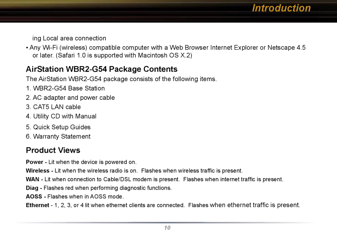 Buffalo Technology user manual AirStation WBR2-G54 Package Contents, Product Views 