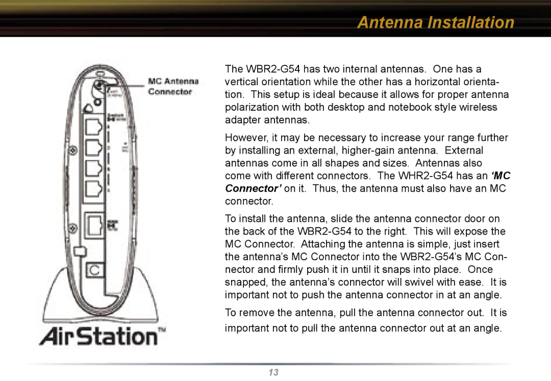 Buffalo Technology WBR2-G54 user manual Antenna Installation 