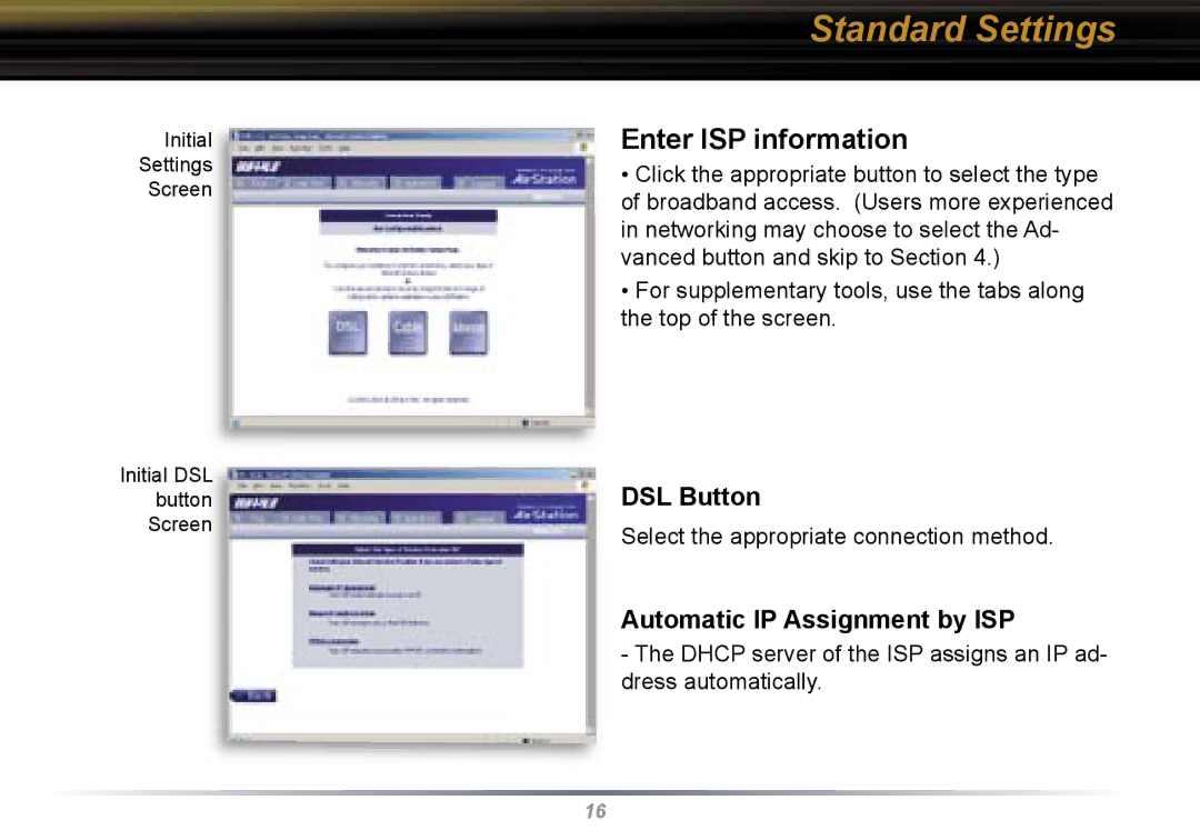 Buffalo Technology WBR2-G54 user manual Enter ISP information, DSL Button, Automatic IP Assignment by ISP 