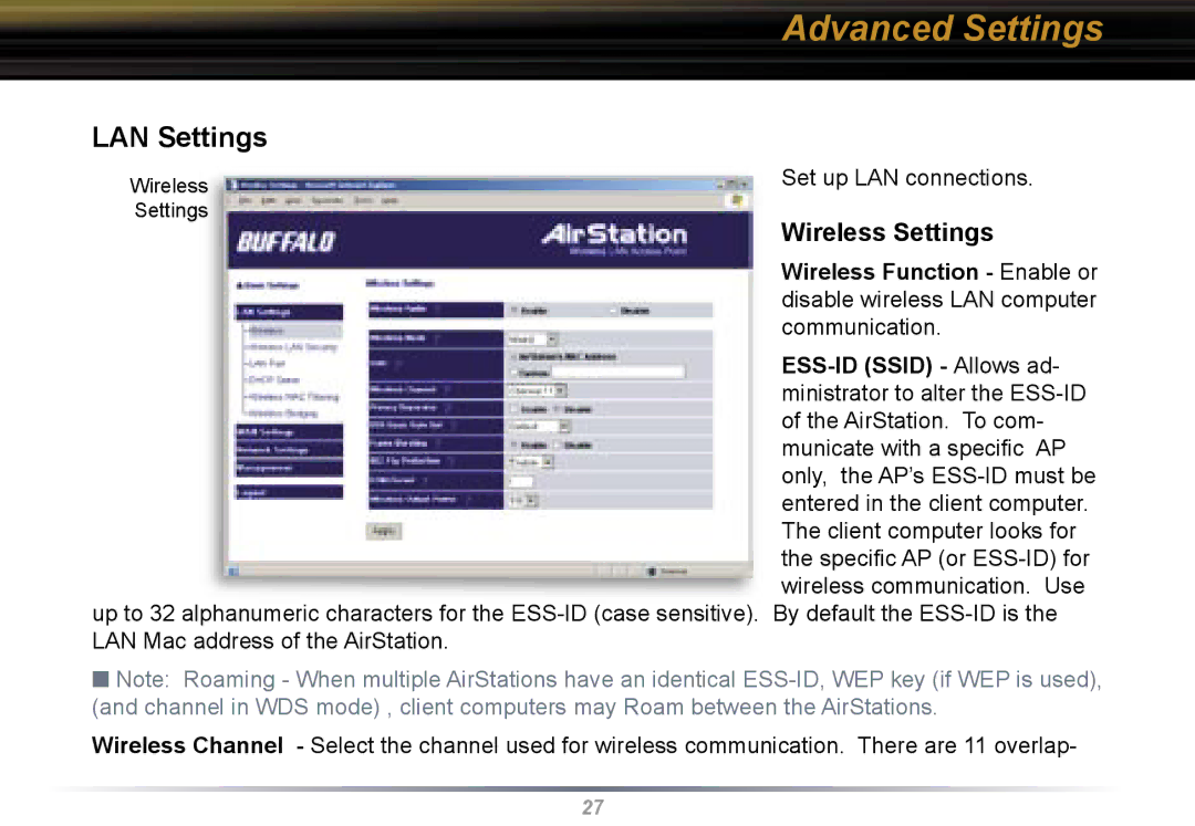 Buffalo Technology WBR2-G54 user manual LAN Settings, Wireless Settings 