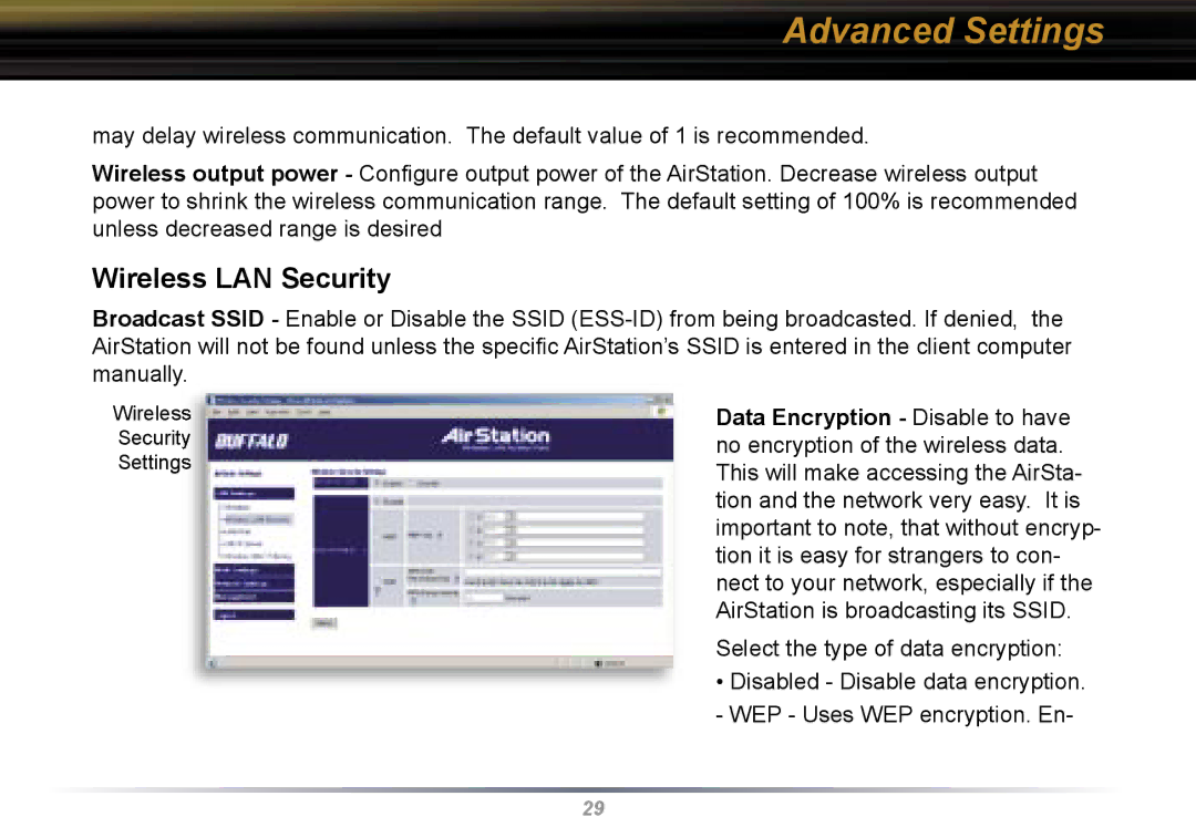 Buffalo Technology WBR2-G54 user manual Wireless LAN Security, Data Encryption Disable to have 