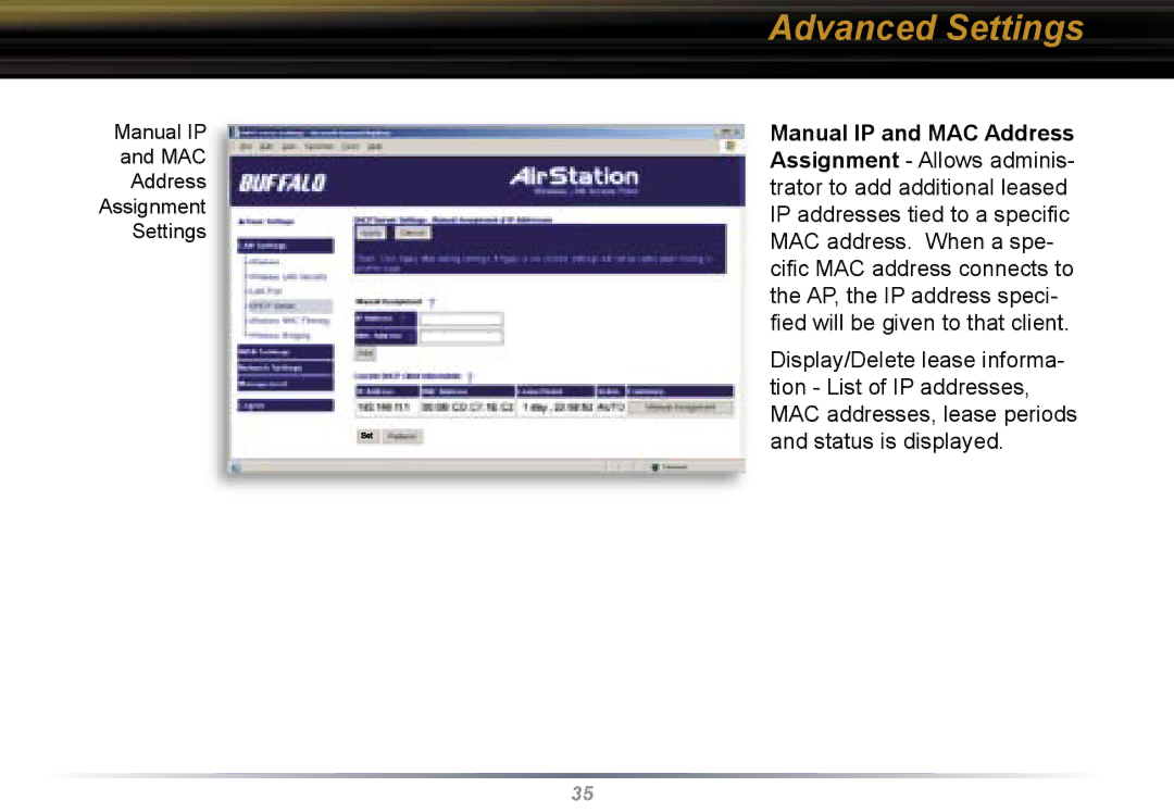 Buffalo Technology WBR2-G54 user manual Manual IP MAC Address Assignment Settings 